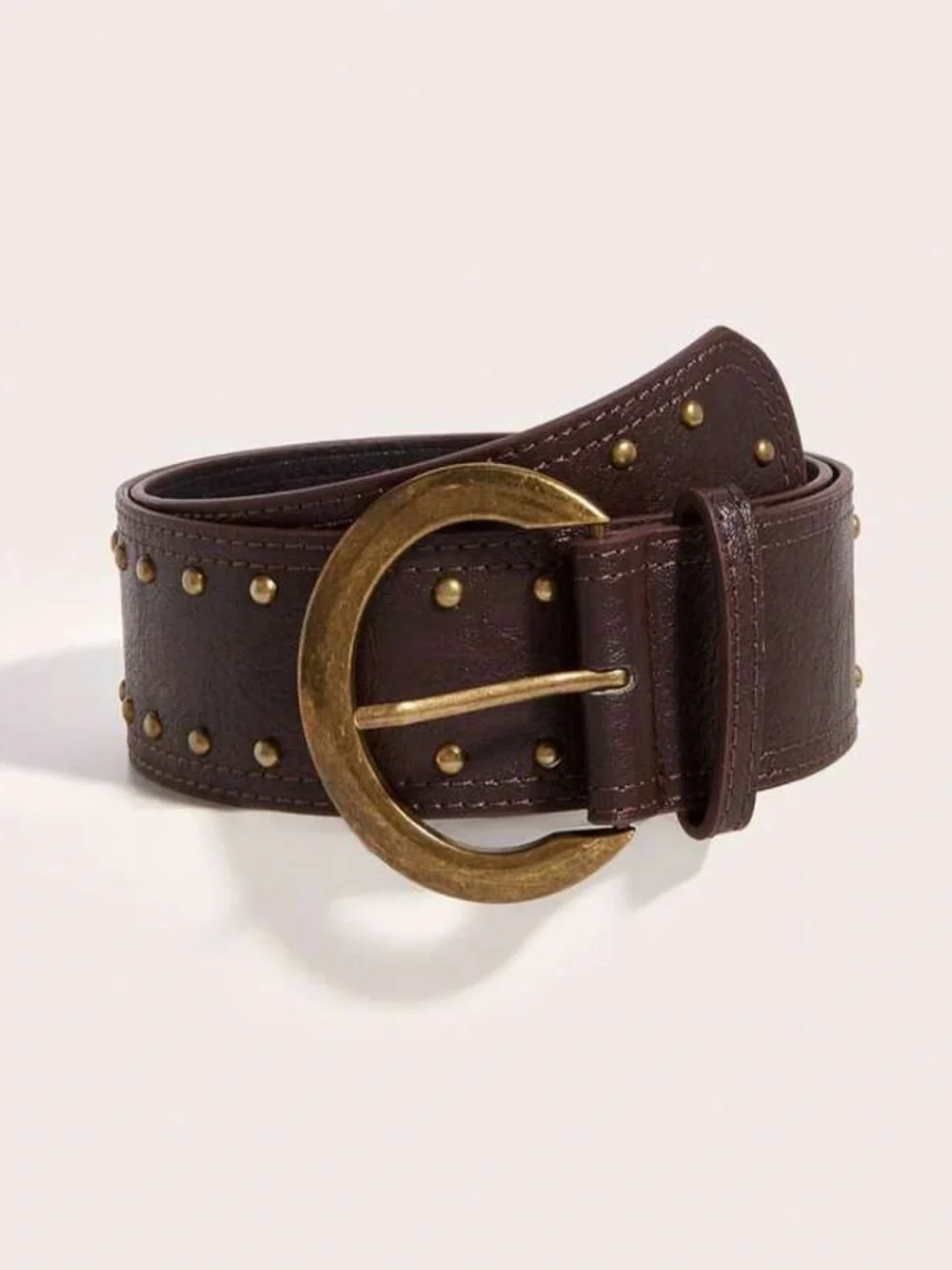Brown Studded Wide Leather Belt with Antique Gold Buckle